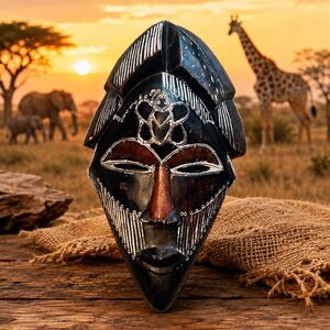 Vintage  70’s African Mask Hand Carved Wooden Africa Hanger maybe Chokwe Angola